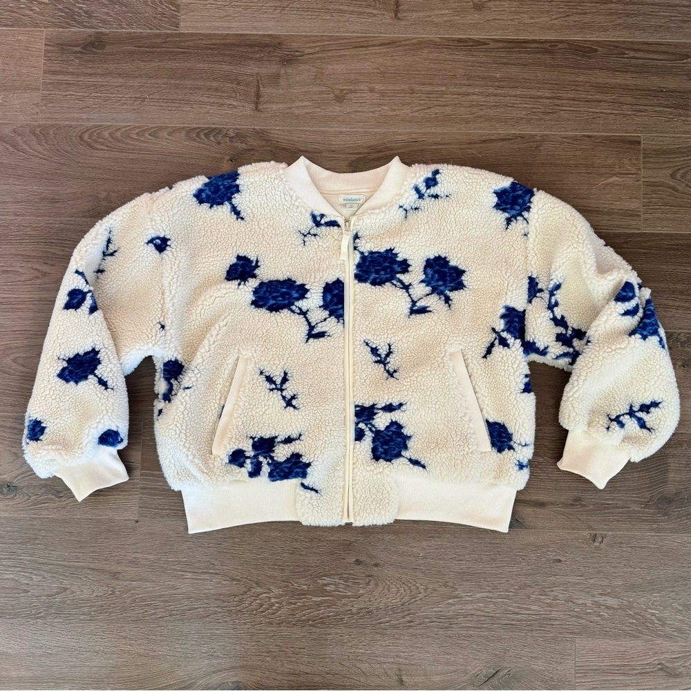 Sundance Sherpa Bomber Jacket Blue Cream Floral Womens XL Cozy Fleece Country
